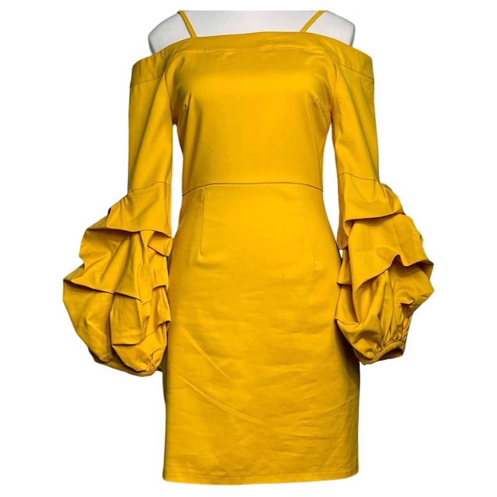 NWT LOOK AT ME Marigold Yellow Blouson Sleeve Dress S Statement Elegant Wedding